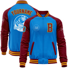 Load image into Gallery viewer, Custom Powder Blue Gold-Crimson Bomber Varsity Letterman Two Tone Zipper Jacket
