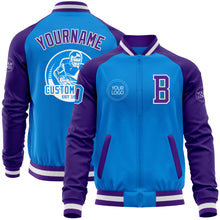 Load image into Gallery viewer, Custom Powder Blue White-Purple Bomber Varsity Letterman Two Tone Zipper Jacket
