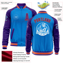 Load image into Gallery viewer, Custom Powder Blue Orange-Purple Bomber Varsity Letterman Two Tone Zipper Jacket
