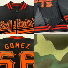 Load image into Gallery viewer, Custom Camo Black-Orange Bomber Varsity Letterman Salute To Service Zipper Jacket
