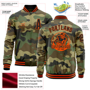 Custom Camo Black-Orange Bomber Varsity Letterman Salute To Service Zipper Jacket