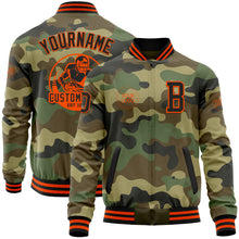 Load image into Gallery viewer, Custom Camo Black-Orange Bomber Varsity Letterman Salute To Service Zipper Jacket
