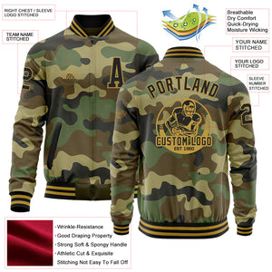 Custom Camo Black-Old Gold Bomber Varsity Letterman Salute To Service Zipper Jacket