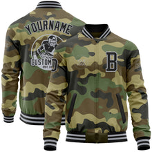 Load image into Gallery viewer, Custom Camo Black-Gray Bomber Varsity Letterman Salute To Service Zipper Jacket
