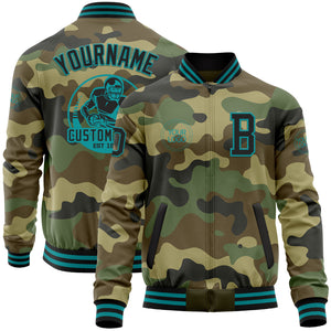 Custom Camo Black-Teal Bomber Varsity Letterman Salute To Service Zipper Jacket