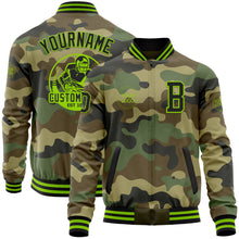 Load image into Gallery viewer, Custom Camo Black-Neon Green Bomber Varsity Letterman Salute To Service Zipper Jacket
