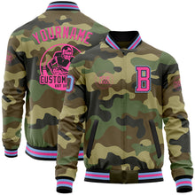 Load image into Gallery viewer, Custom Camo Light Blue Black-Pink Bomber Varsity Letterman Salute To Service Zipper Jacket
