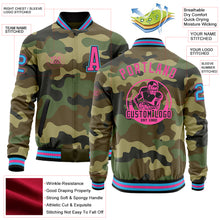 Load image into Gallery viewer, Custom Camo Sky Blue Black-Pink Bomber Varsity Letterman Salute To Service Zipper Jacket
