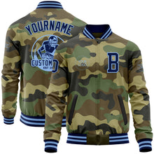 Load image into Gallery viewer, Custom Camo Navy-Light Blue Bomber Varsity Letterman Salute To Service Zipper Jacket
