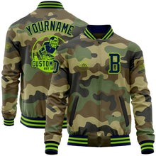 Load image into Gallery viewer, Custom Camo Navy-Neon Green Bomber Varsity Letterman Salute To Service Zipper Jacket
