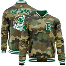 Load image into Gallery viewer, Custom Camo Kelly Green-White Bomber Varsity Letterman Salute To Service Zipper Jacket
