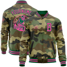 Load image into Gallery viewer, Custom Camo Pink-Kelly Green Bomber Varsity Letterman Salute To Service Zipper Jacket
