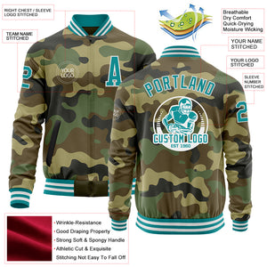 Custom Camo Teal-White Bomber Varsity Letterman Salute To Service Zipper Jacket