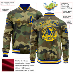 Custom Camo Royal-Yellow Bomber Varsity Letterman Salute To Service Zipper Jacket