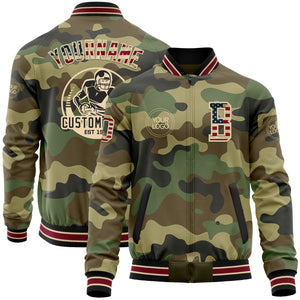 Custom Camo Vintage USA Flag City Cream Crimson-Black Bomber Varsity Letterman Salute To Service Zipper Jacket