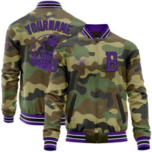 Load image into Gallery viewer, Custom Camo Purple-Black Bomber Varsity Letterman Salute To Service Zipper Jacket
