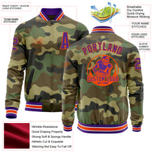 Load image into Gallery viewer, Custom Camo Purple-Orange Bomber Varsity Letterman Salute To Service Zipper Jacket
