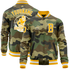 Load image into Gallery viewer, Custom Camo Gold-White Bomber Varsity Letterman Salute To Service Zipper Jacket
