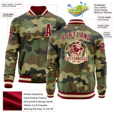 Load image into Gallery viewer, Custom Camo Maroon-Cream Bomber Varsity Letterman Salute To Service Zipper Jacket
