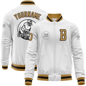 Custom White Old Gold-Black Bomber Varsity Letterman Zipper Jacket