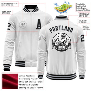 Custom White Black-Gray Bomber Varsity Letterman Zipper Jacket