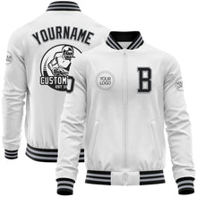 Load image into Gallery viewer, Custom White Black-Gray Bomber Varsity Letterman Zipper Jacket
