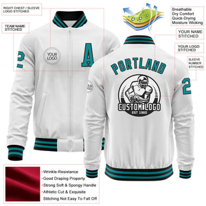 Custom White Teal-Black Bomber Varsity Letterman Zipper Jacket