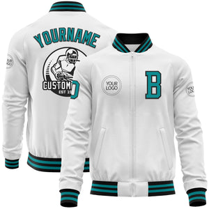 Custom White Teal-Black Bomber Varsity Letterman Zipper Jacket