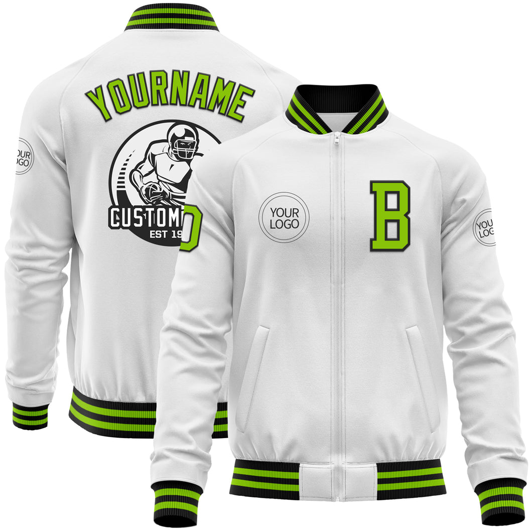 Custom White Neon Green-Black Bomber Varsity Letterman Zipper Jacket