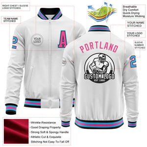 Custom White Sky Blue Black-Pink Bomber Varsity Letterman Zipper Jacket