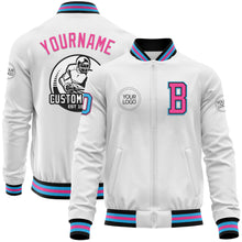 Load image into Gallery viewer, Custom White Sky Blue Black-Pink Bomber Varsity Letterman Zipper Jacket
