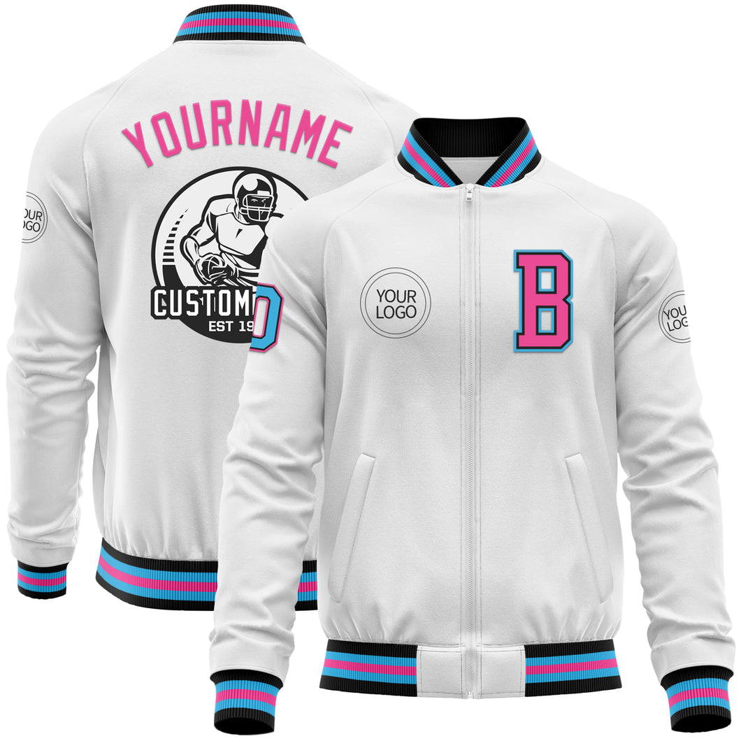 Custom White Sky Blue Black-Pink Bomber Varsity Letterman Zipper Jacket