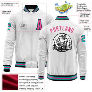 Custom White Aqua Black-Pink Bomber Varsity Letterman Zipper Jacket