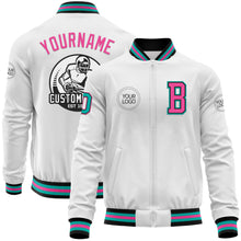 Load image into Gallery viewer, Custom White Aqua Black-Pink Bomber Varsity Letterman Zipper Jacket
