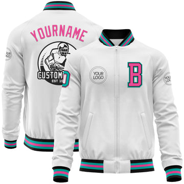 Custom White Aqua Black-Pink Bomber Varsity Letterman Zipper Jacket