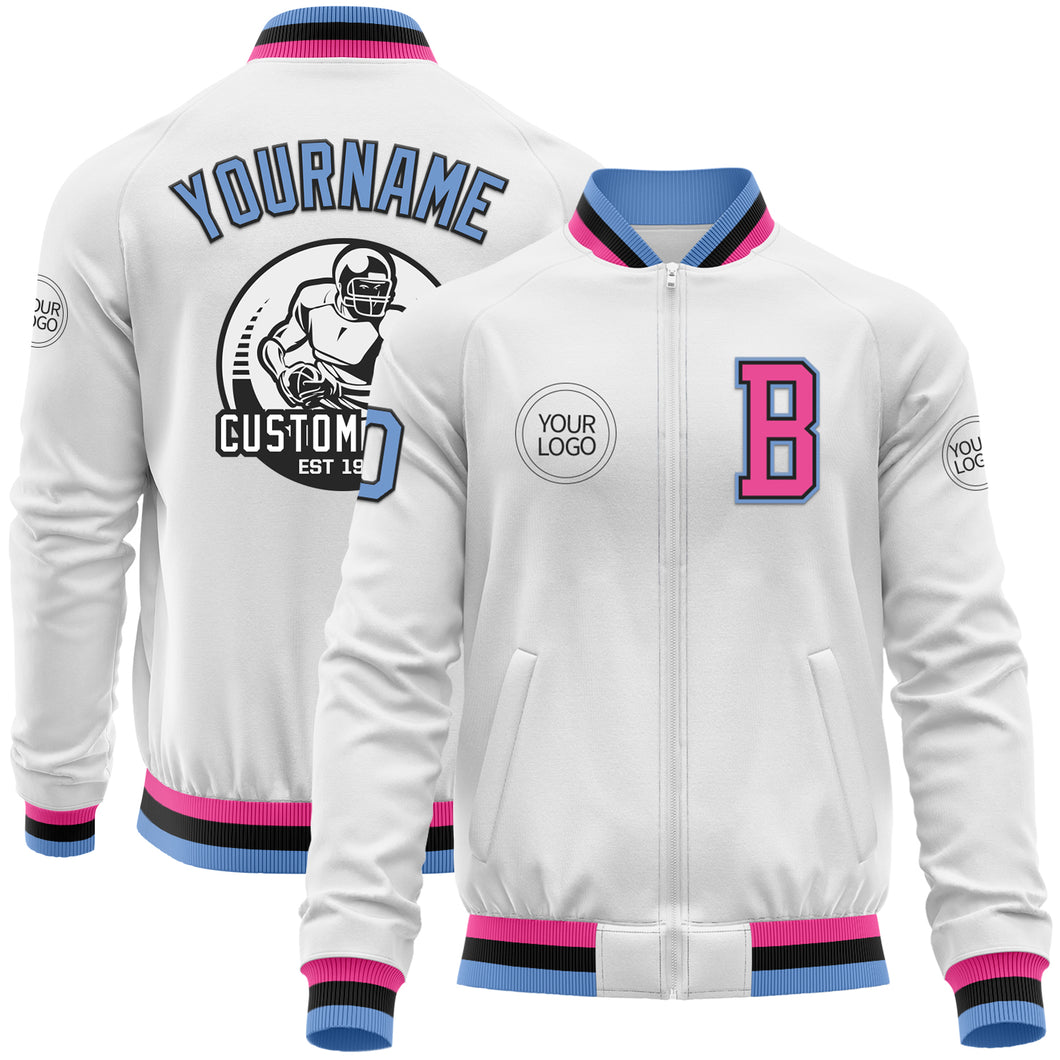 Custom White Light Blue Black-Pink Bomber Varsity Letterman Zipper Jacket