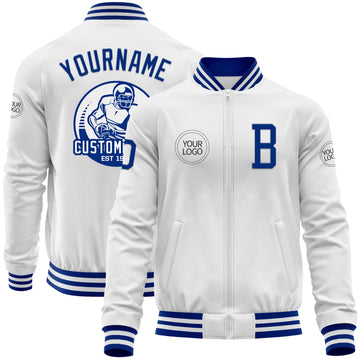 Custom White Royal Bomber Varsity Letterman Zipper Jacket