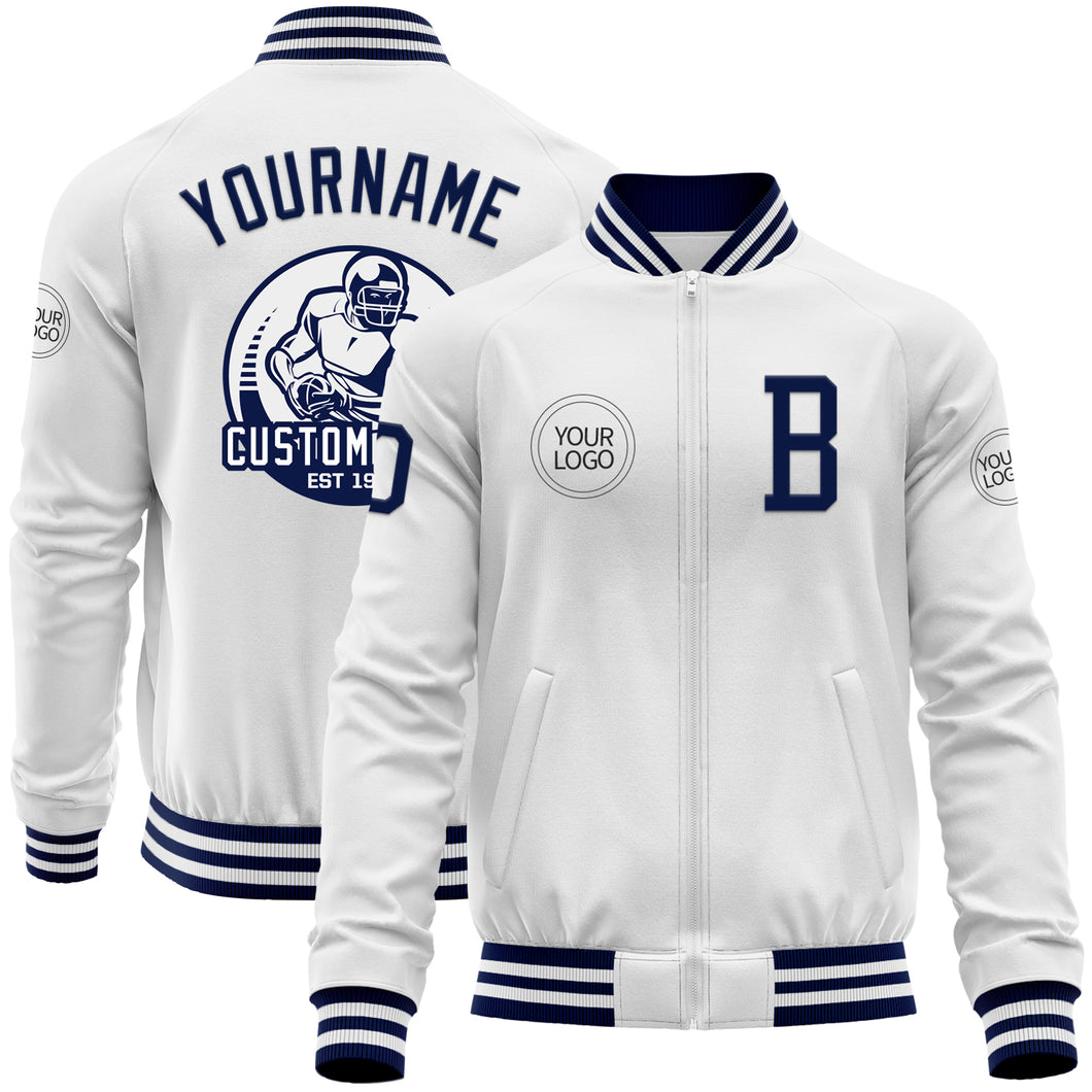 Custom White Navy Bomber Varsity Letterman Zipper Jacket