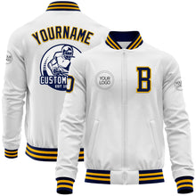 Load image into Gallery viewer, Custom White Navy-Gold Bomber Varsity Letterman Zipper Jacket
