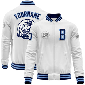 Custom White Navy-Light Blue Bomber Varsity Letterman Zipper Jacket