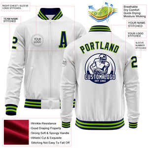 Custom White Navy-Neon Green Bomber Varsity Letterman Zipper Jacket