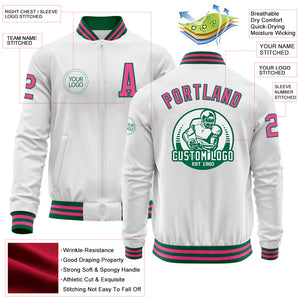 Custom White Pink-Kelly Green Bomber Varsity Letterman Zipper Jacket