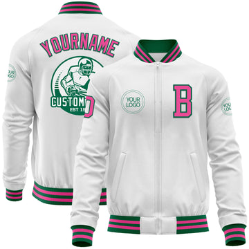 Custom White Pink-Kelly Green Bomber Varsity Letterman Zipper Jacket