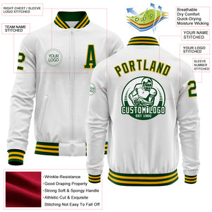 Custom White Green-Gold Bomber Varsity Letterman Zipper Jacket