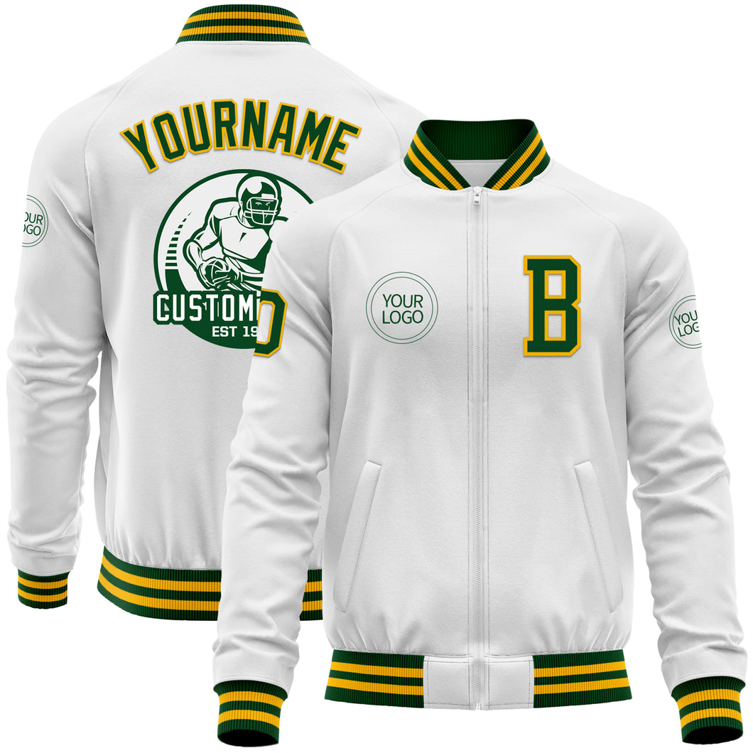 Custom White Green-Gold Bomber Varsity Letterman Zipper Jacket