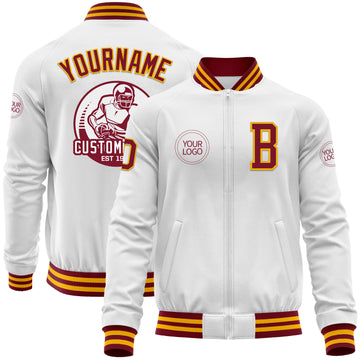 Custom White Crimson-Gold Bomber Varsity Letterman Zipper Jacket