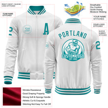 Load image into Gallery viewer, Custom White Teal Bomber Varsity Letterman Zipper Jacket
