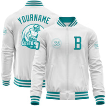 Load image into Gallery viewer, Custom White Teal Bomber Varsity Letterman Zipper Jacket
