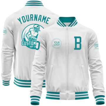 Custom White Teal Bomber Varsity Letterman Zipper Jacket