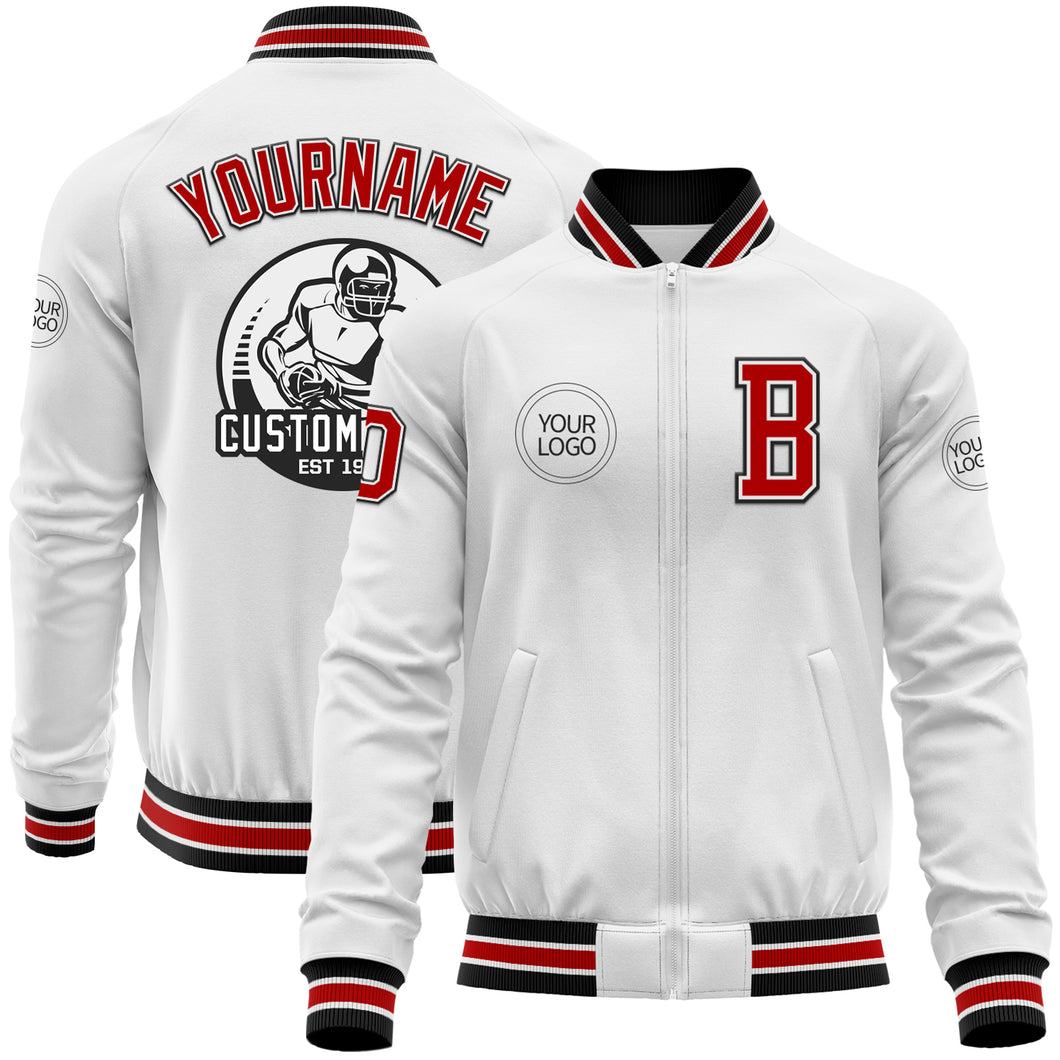 Custom White Red-Black Bomber Varsity Letterman Zipper Jacket